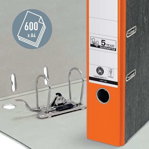 Leitz Qualitäts-Ordner, das Original, DIN A4 Aktenordner 8 cm breit, Wolkenmarmor-Papier, Recycling-Ordner, Blauer Engel, Mit 180° Mechanik, Höchste Stabilität (Breit, Orange, 5 Stück)