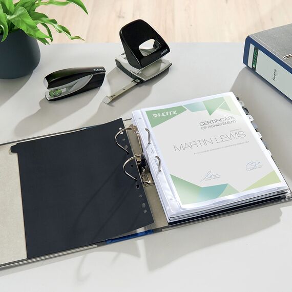 Leitz Qualitäts-Ordner 180°, 10er Pack, A4, klimaneutral, 100 % recycelter Karton, 8 cm Rückenbreite, Wolkenmarmor-Papier, Blauer Rücken, 10801035