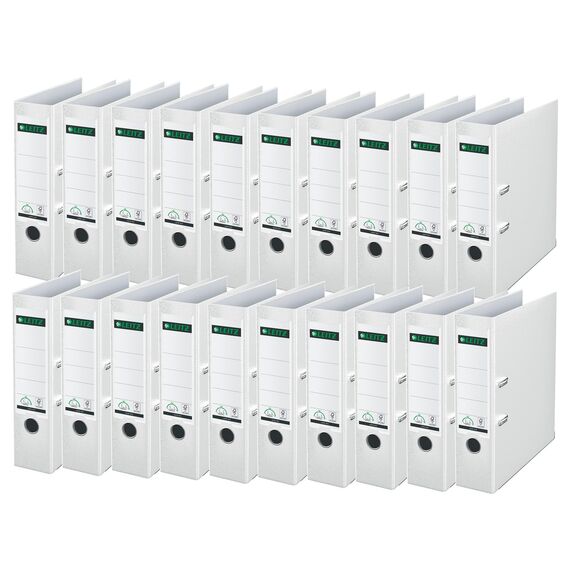 Leitz Qualitäts-Ordner 180° Plastik, 20er Pack, A4, Weiß, 8,2 cm Rückenbreite, PP-laminierter Einband, 10105001