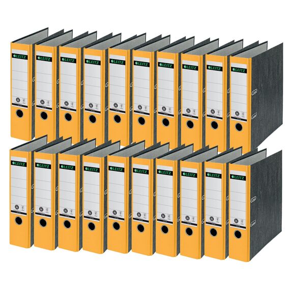 Leitz Qualitäts-Ordner 180°, 20er Pack, A4, 100 Prozent recycelter Karton, 8 cm Rückenbreite, Wolkenmarmor-Papier, Gelber Rücken, 10805015