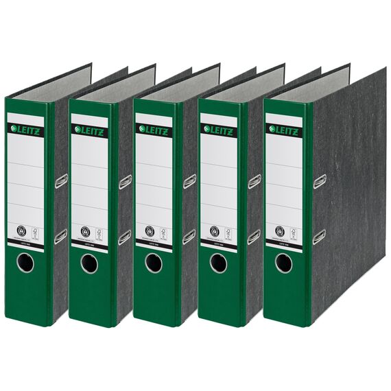 Leitz Qualitäts-Ordner, das Original, DIN A4 Aktenordner 8 cm breit, Wolkenmarmor-Papier, Recycling-Ordner, Blauer Engel, Mit 180° Mechanik, Höchste Stabilität (Breit, Grün, 5 Stück)