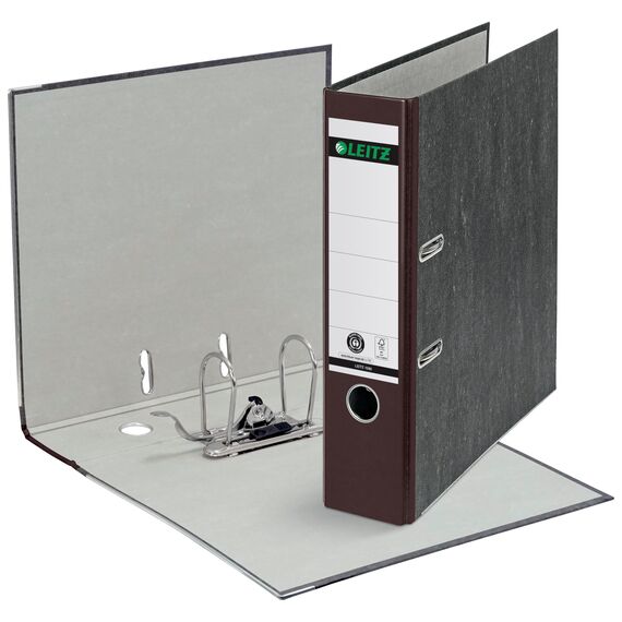 Leitz Qualitäts-Ordner, das Original, DIN A4 Aktenordner 8 cm breit, Wolkenmarmor-Papier, Recycling-Ordner, Blauer Engel, Mit 180° Mechanik, Höchste Stabilität (Breit, Braun, 10 Stück)