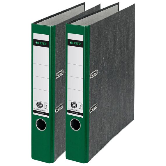 Leitz Qualitäts-Ordner 180°, A4, 100% recycelter Karton, Schmal, 5,2 cm Rückenbreite, Wolkenmarmor-Papier (Schmal, Grün, 2 Stück)