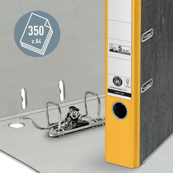 Leitz Qualitäts-Ordner, 20er Pack, das Original, DIN A4 Aktenordner schmal, 5 cm breit, Wolkenmarmor-Papier, Recycling-Ordner, Blauer Engel, Mit 180° Mechanik, Höchste Stabilität, Gelb, 10505015