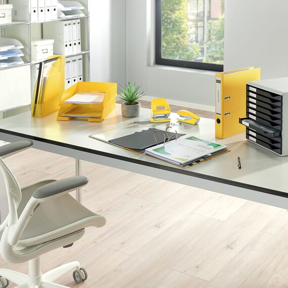 Leitz Qualitäts-Ordner 180°, 20er Pack, A4, 100 Prozent recycelter Karton, 8 cm Rückenbreite, Wolkenmarmor-Papier, Gelber Rücken, 10805015