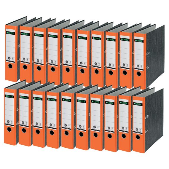 Leitz Qualitäts-Ordner 180°, 20er Pack, A4, 100 Prozent recycelter Karton, 8 cm Rückenbreite, Wolkenmarmor-Papier, Oranger Rücken, 10805045