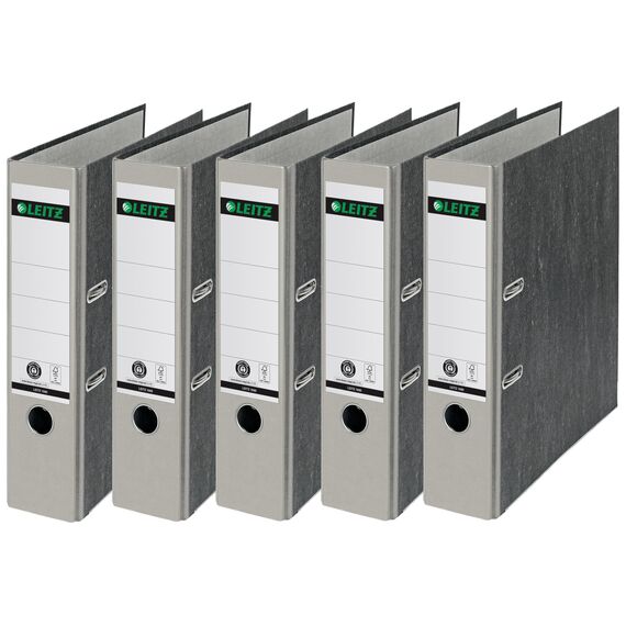 Leitz Qualitäts-Ordner, das Original, DIN A4 Aktenordner 8 cm breit, Wolkenmarmor-Papier, Recycling-Ordner, Blauer Engel, Mit 180° Mechanik, Höchste Stabilität (Breit, Grau, 5 Stück)