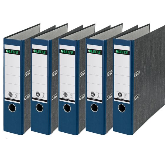 Leitz Qualitäts-Ordner, das Original, DIN A4 Aktenordner 8 cm breit, Wolkenmarmor-Papier, Recycling-Ordner, Blauer Engel, Mit 180° Mechanik, Höchste Stabilität (Breit, Blau, 5 Stück)