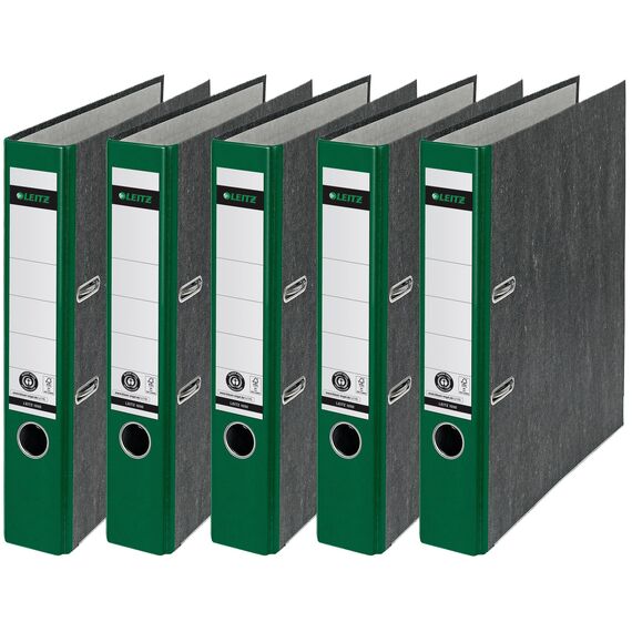 Leitz Qualitäts-Ordner, das Original, DIN A4 Aktenordner 8 cm breit, Wolkenmarmor-Papier, Recycling-Ordner, Blauer Engel, Mit 180° Mechanik, Höchste Stabilität (Schmal, Grün, 5 Stück)