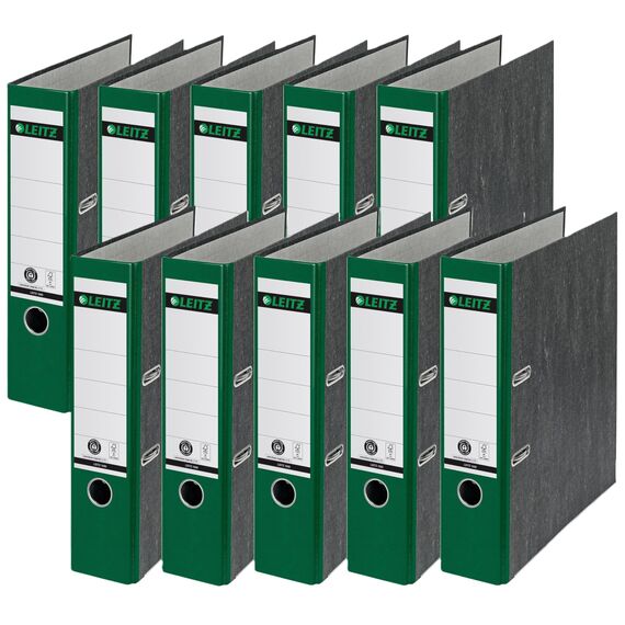 Leitz Qualitäts-Ordner, das Original, DIN A4 Aktenordner 8 cm breit, Wolkenmarmor-Papier, Recycling-Ordner, Blauer Engel, Mit 180° Mechanik, Höchste Stabilität (Breit, Grün, 10 Stück)