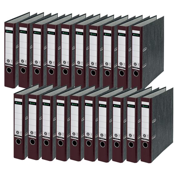 Leitz Qualitäts-Ordner, 20er Pack, das Original, DIN A4 Aktenordner schmal, 5 cm breit, Wolkenmarmor-Papier, Recycling-Ordner, Blauer Engel, Mit 180° Mechanik, Höchste Stabilität, Braun, 10505075