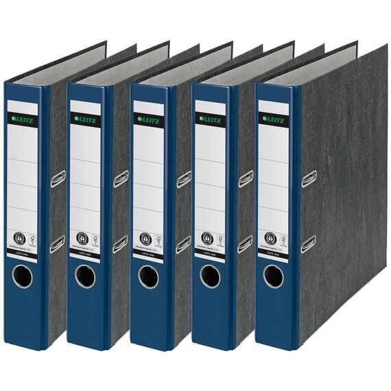 Leitz Qualitäts-Ordner, das Original, DIN A4 Aktenordner 5 cm breit, Wolkenmarmor-Papier, Recycling-Ordner, Blauer Engel, Mit 180° Mechanik, Höchste Stabilität (Schmal, Blau, 5 Stück)