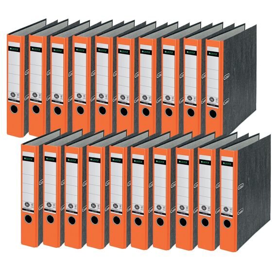 Leitz Qualitäts-Ordner, 20er Pack, das Original, DIN A4 Aktenordner schmal, 5 cm breit, Wolkenmarmor-Papier, Recycling-Ordner,Blauer Engel, Mit 180° Mechanik, Höchste Stabilität, Orange, 10505045