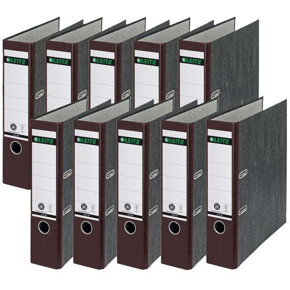 Leitz Qualitäts-Ordner, das Original, DIN A4 Aktenordner 8 cm breit, Wolkenmarmor-Papier, Recycling-Ordner, Blauer Engel, Mit 180° Mechanik, Höchste Stabilität (Breit, Braun, 10 Stück)