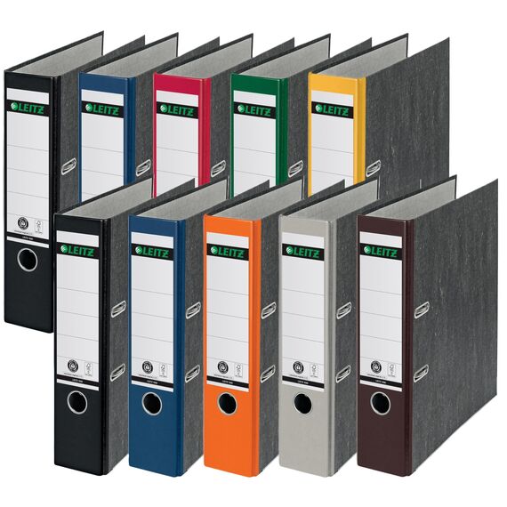 Leitz Qualitäts-Ordner, das Original, DIN A4 Aktenordner 8 cm breit, Wolkenmarmor-Papier, Recycling-Ordner, Blauer Engel, Mit 180° Mechanik, Höchste Stabilität (Breit, Sortiert, 10 Stück)