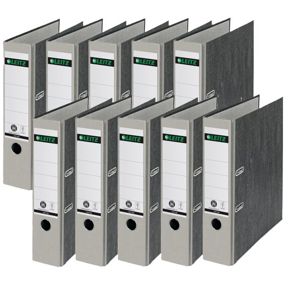 Leitz Qualitäts-Ordner, das Original, DIN A4 Aktenordner 8 cm breit, Wolkenmarmor-Papier, Recycling-Ordner, Blauer Engel, Mit 180° Mechanik, Höchste Stabilität (Breit, Grau, 10 Stück)