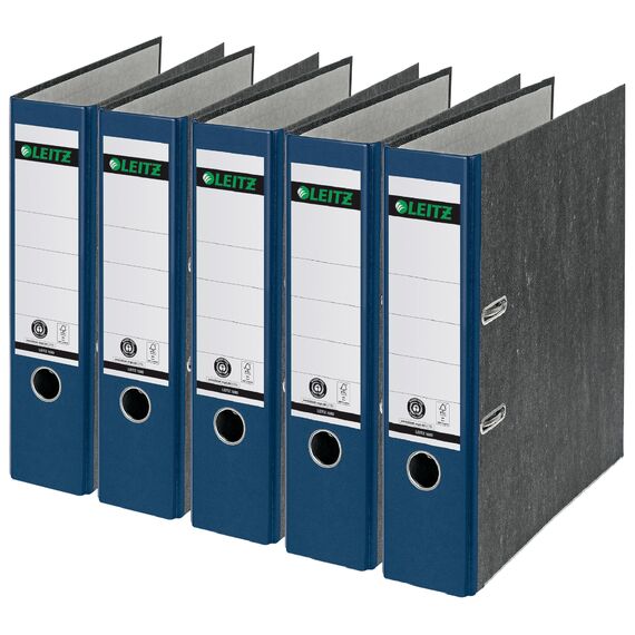 Leitz Qualitäts-Ordner 180°, A4, Karton, 8 cm Rückenbreite, Wolkenmarmor-Papier, Blauer Rücken (Breit, blau, 5 Ordner)