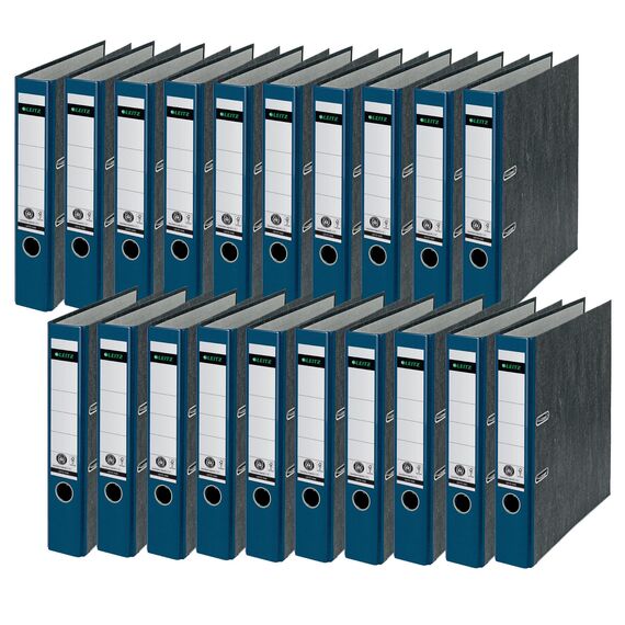 Leitz Qualitäts-Ordner, 20er Pack, das Original, DIN A4 Aktenordner schmal, 5 cm breit, Wolkenmarmor-Papier, Recycling-Ordner, Blauer Engel, Mit 180° Mechanik, Höchste Stabilität, Blau, 10505035