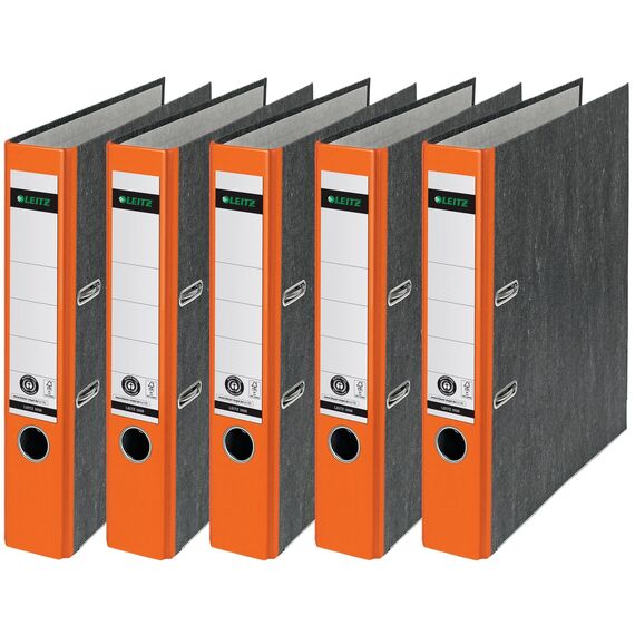 Leitz Qualitäts-Ordner, das Original, DIN A4 Aktenordner 8 cm breit, Wolkenmarmor-Papier, Recycling-Ordner, Blauer Engel, Mit 180° Mechanik, Höchste Stabilität (Schmal, Orange, 5 Stück)