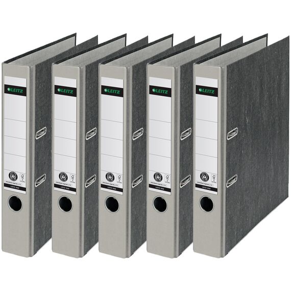 Leitz Qualitäts-Ordner, das Original, DIN A4 Aktenordner 8 cm breit, Wolkenmarmor-Papier, Recycling-Ordner, Blauer Engel, Mit 180° Mechanik, Höchste Stabilität (Schmal, Grau, 5 Stück)