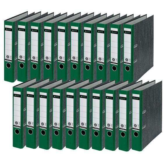 Leitz Qualitäts-Ordner, 20er Pack, das Original, DIN A4 Aktenordner schmal, 5 cm breit, Wolkenmarmor-Papier, Recycling-Ordner, Blauer Engel, Mit 180° Mechanik, Höchste Stabilität, Grün, 10505055
