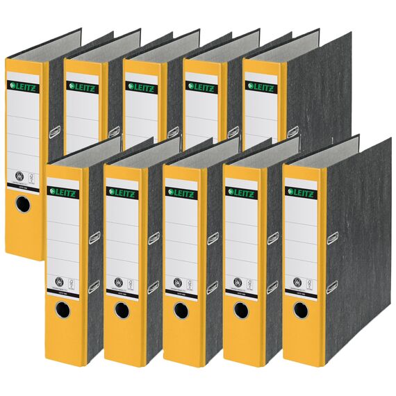 Leitz Qualitäts-Ordner, das Original, DIN A4 Aktenordner 8 cm breit, Wolkenmarmor-Papier, Recycling-Ordner, Blauer Engel, Mit 180° Mechanik, Höchste Stabilität (Breit, Gelb, 10 Stück)