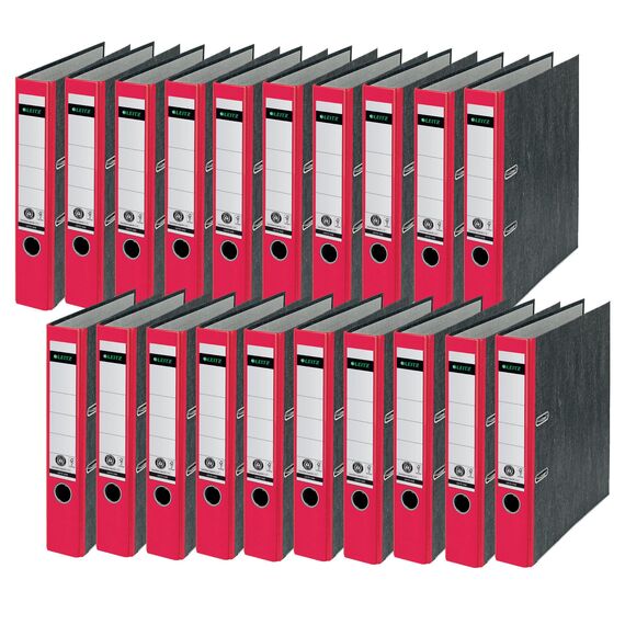 Leitz Qualitäts-Ordner, 20er Pack, das Original, DIN A4 Aktenordner schmal, 5 cm breit, Wolkenmarmor-Papier, Recycling-Ordner, Blauer Engel, Mit 180° Mechanik, Höchste Stabilität, Rot, 10505025