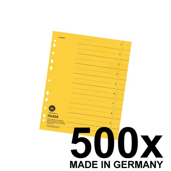 Original Falken 500er Pack Trennblätter. Made in Germany. Aus Recycling-Karton für DIN A4 gelb Trennlaschen Trennblätter Ordner Register Kalender Blauer Engel