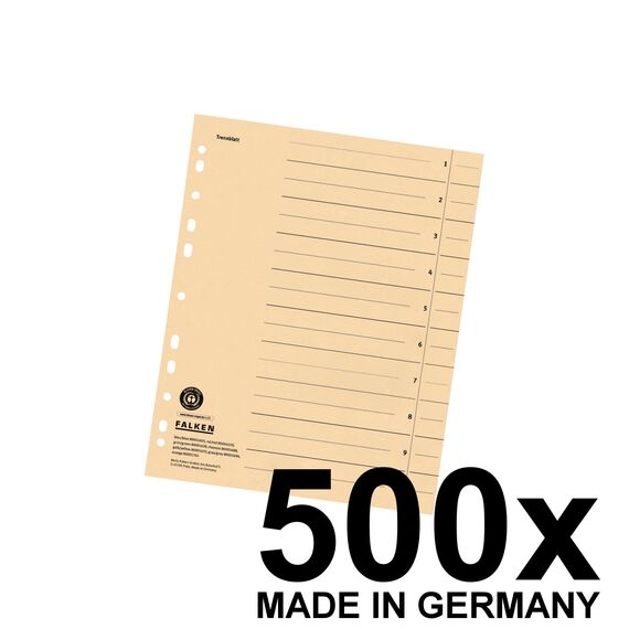 Original Falken 500er Pack Trennblätter. Made in Germany. Aus Recycling-Karton für DIN A4 chamois Trennlaschen Trennblätter Ordner Register Kalender Blauer Engel