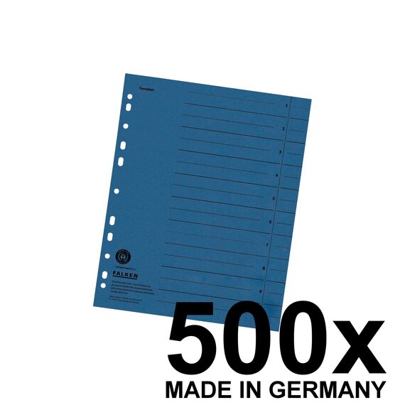Original Falken 500er Pack Trennblätter. Made in Germany. Aus Recycling-Karton für DIN A4 blau Trennlaschen Trennblätter Ordner Register Kalender Blauer Engel