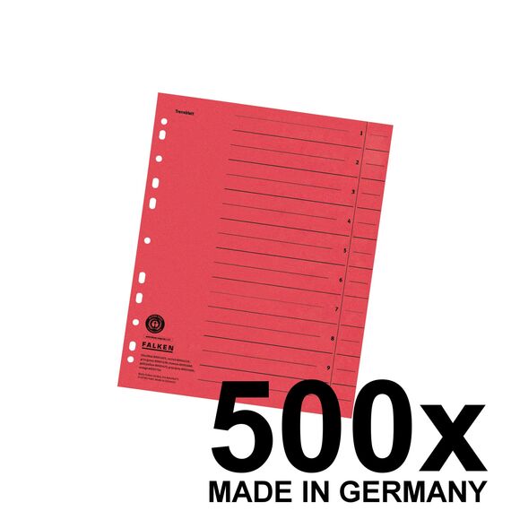 Original Falken 500er Pack Trennblätter. Made in Germany. Aus Recycling-Karton für DIN A4 rot Trennlaschen Trennblätter Ordner Register Kalender Blauer Engel