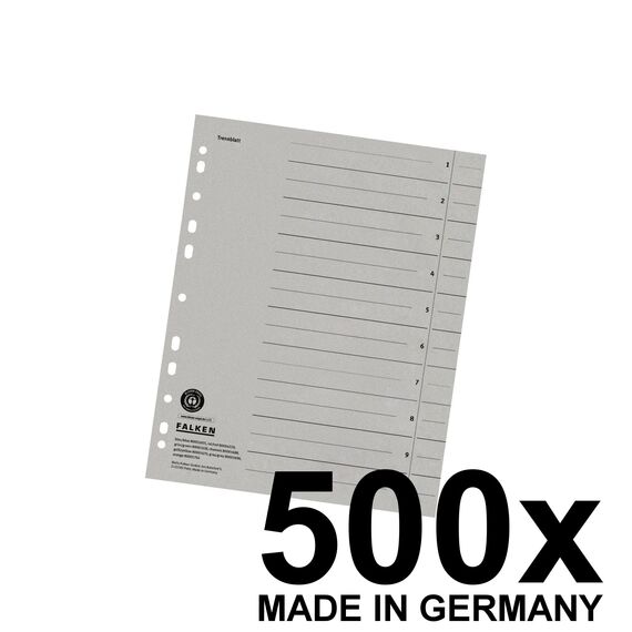 Original Falken 500er Pack Trennblätter. Made in Germany. Aus Recycling-Karton für DIN A4 grau Trennlaschen Trennblätter Ordner Register Kalender Blauer Engel