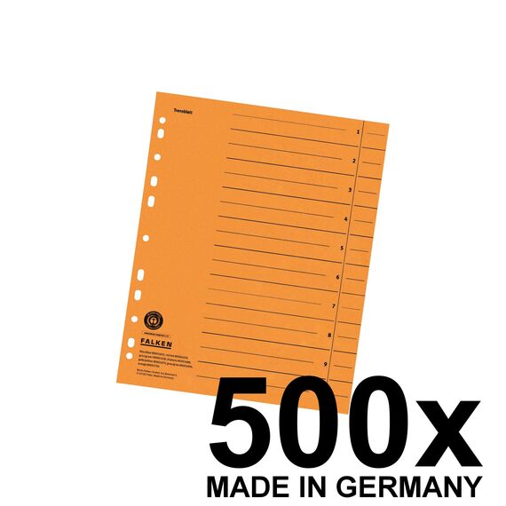 Original Falken 500er Pack Trennblätter. Made in Germany. Aus Recycling-Karton für DIN A4 orange Trennlaschen Trennblätter Ordner Register Kalender Blauer Engel