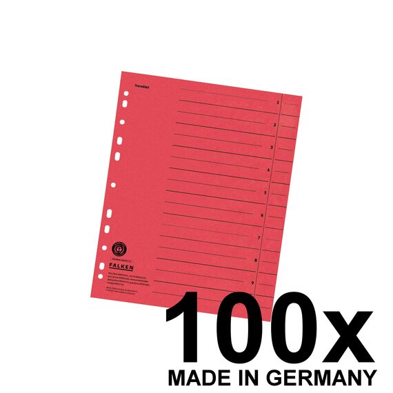 Original Falken 100er Pack Trennblätter. Made in Germany. Aus Recycling-Karton für DIN A4 rot Trennlaschen Trennblätter Ordner Register Kalender Blauer Engel