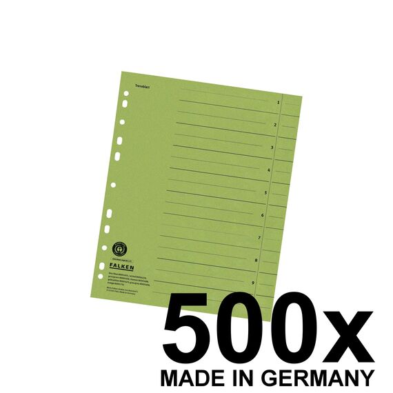 Original Falken 500er Pack Trennblätter. Made in Germany. Aus Recycling-Karton für DIN A4 grün Trennlaschen Trennblätter Ordner Register Kalender Blauer Engel