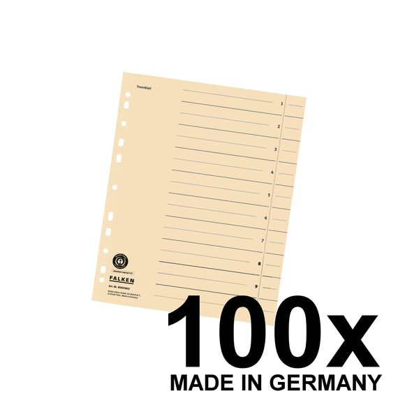 Original Falken 100er Pack Trennblätter. Made in Germany. Aus Recycling-Karton für DIN A4 hellchamois Trennlaschen Trennblätter Ordner Register Kalender Blauer Engel