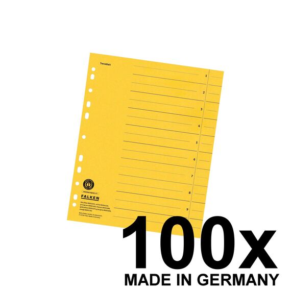 Original Falken 100er Pack Trennblätter. Made in Germany. Aus Recycling-Karton für DIN A4 gelb Trennlaschen Trennblätter Ordner Register Kalender Blauer Engel