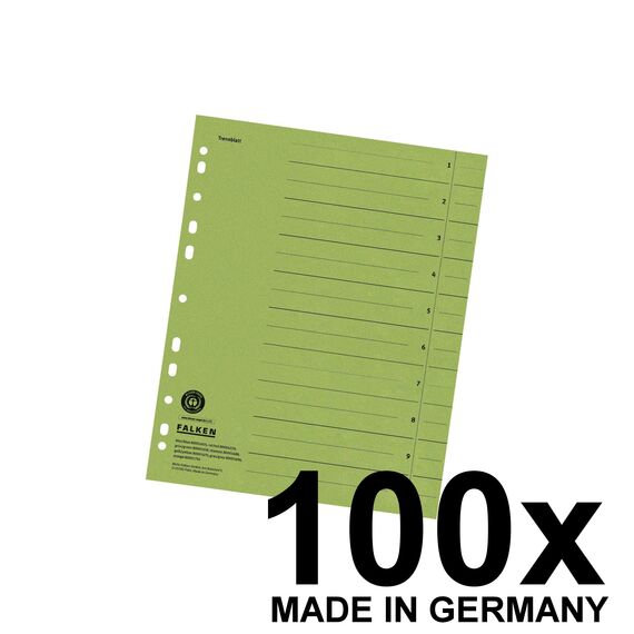 Original Falken 100er Pack Trennblätter. Made in Germany. Aus Recycling-Karton für DIN A4 grün Trennlaschen Trennblätter Ordner Register Kalender Blauer Engel