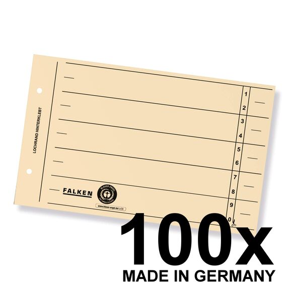 Original Falken 100er Pack Trennblätter. Made in Germany. Aus Recycling-Karton für DIN A5 quer hellchamois Trennlaschen Trennblätter Ordner Register Kalender Blauer Engel