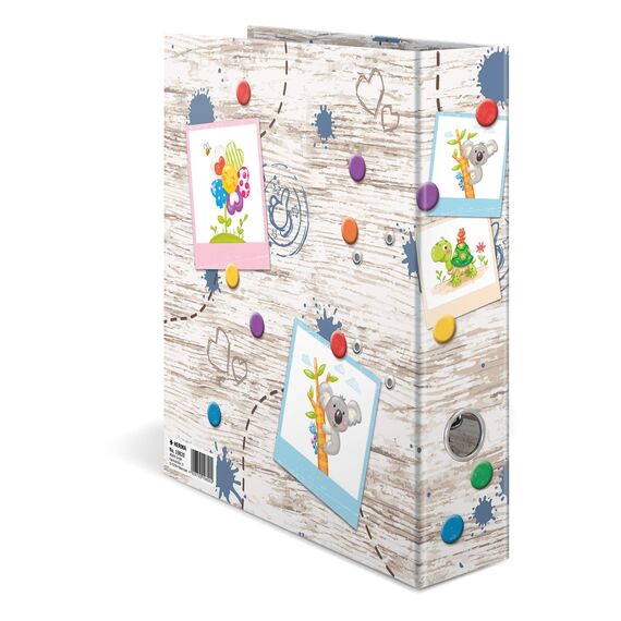 HERMA Ordner A4 Kinder Holzoptik Set, 10 Stück, 7 cm breit, Ringordner mit Kindergarten Tiere Motiv, bunter Aktenordner mit Innendruck für Jungen, Mädchen und Kinder
