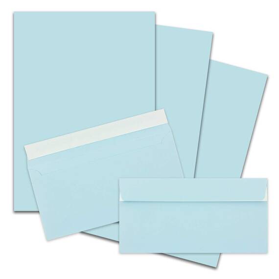 50x Briefpapier Set DIN A4 mit DIN Lang Briefumschlägen, Haftklebung - Hellblau - mattes Schreibpapier mit Kuverts - FarbenFroh by GUSTAV NEUSER