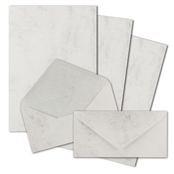 25x Briefpapier Set DIN A4 mit DIN Lang Briefumschlägen, Nassklebung - Grau Marmoriert - mattes Schreibpapier mit Kuverts - FarbenFroh by GUSTAV NEUSER