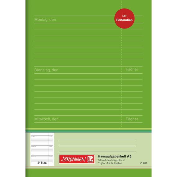 BRUNNEN Hausaufgabenheft | A6, 24 Blatt, grün