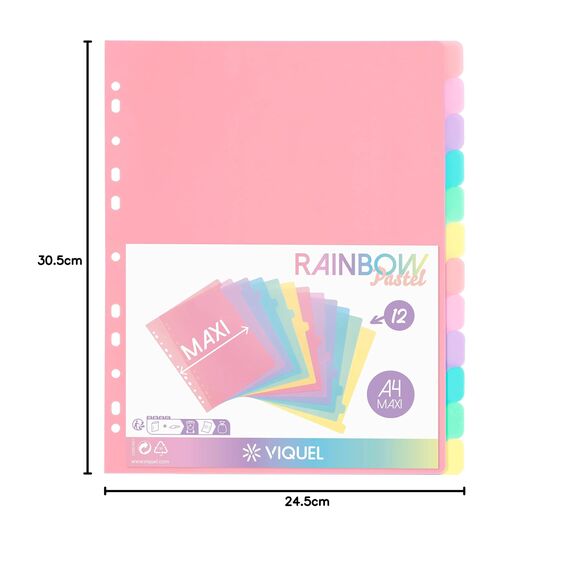 Viquel - 12 Stück Register Rainbow Pastell - Maxi Format (24,5 x 30,5 cm) - für A4 Maxi-Ordner oder Aktenordner - Pastellfarben