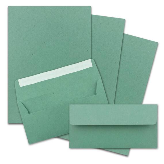 25x Briefpapier Set DIN A4 mit DIN Lang Briefumschlägen, Haftklebung - Kraftpapier Eukalyptus-Grün - Recycling-Schreibpapier mit Kuverts - FarbenFroh by GUSTAV NEUSER