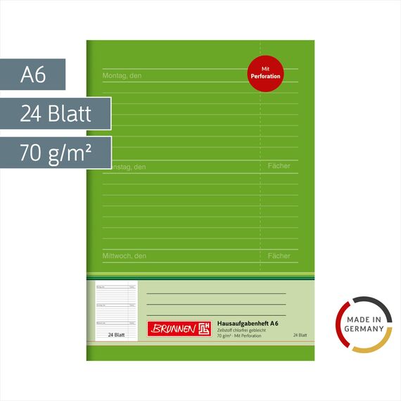 BRUNNEN Hausaufgabenheft | A6, 24 Blatt, grün