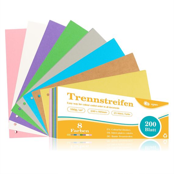 Agoer Dividers for A4 Folders, Pack of 200, 8 Colours, Folder Dividers, Colourful, 180 g/m², Printable Cardboard, Folder Dividers for Sorting, Index of Documents, 24 x 10.5 cm