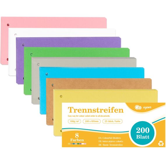 Agoer Dividers for A4 Folders, Pack of 200, 8 Colours, Folder Dividers, Colourful, 180 g/m², Printable Cardboard, Folder Dividers for Sorting, Index of Documents, 24 x 10.5 cm