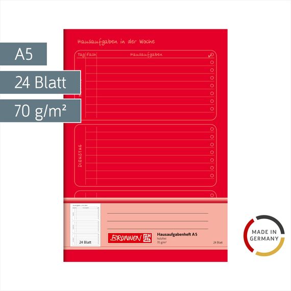 BRUNNEN Hausaufgabenheft | A5, 24 Blatt, rot