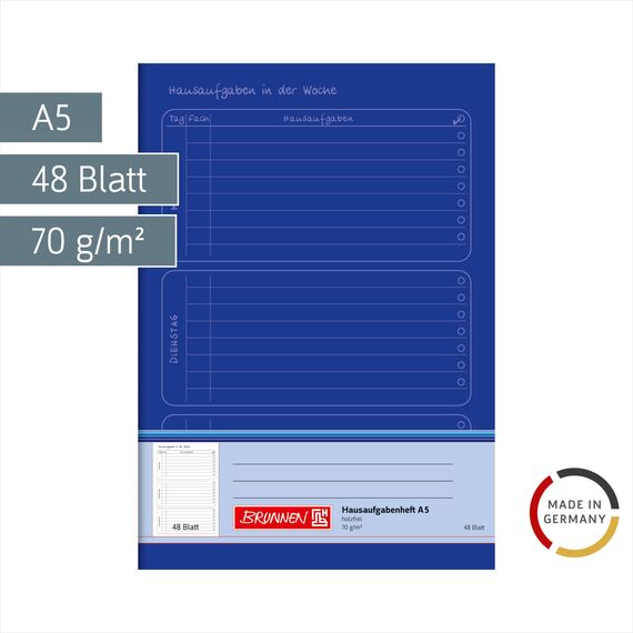 BRUNNEN Hausaufgabenheft | A5, 48 Blatt, blau